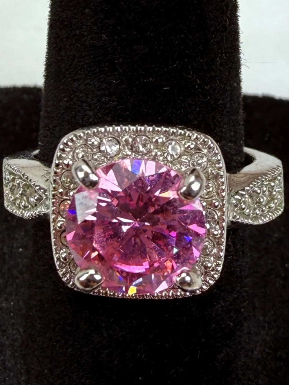 Vintage Silvertone, large pink stone ring